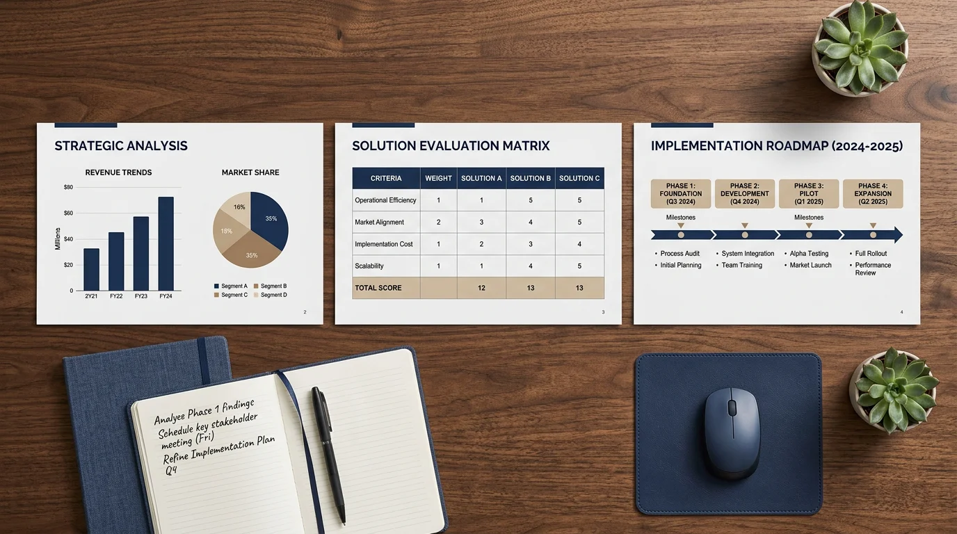 Printed consulting slides with charts and a roadmap arranged on a desk