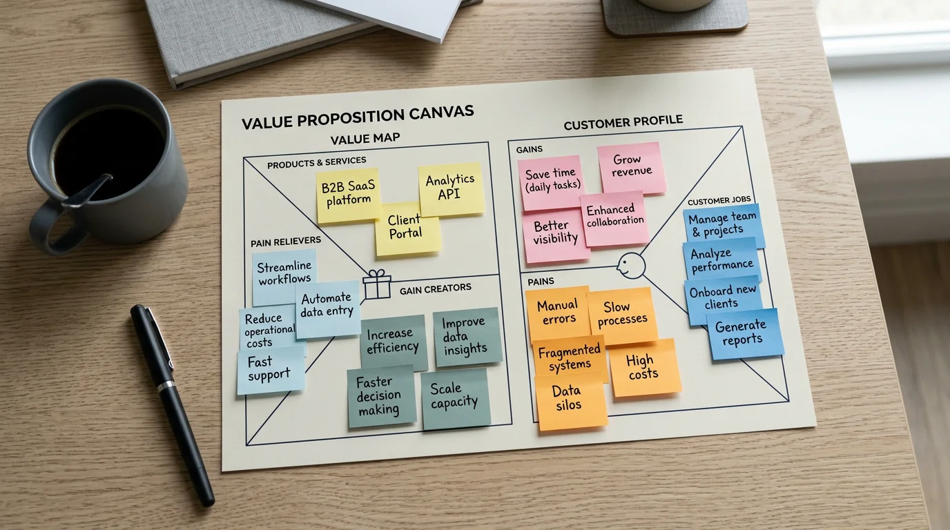 A printed two-sided value proposition canvas worksheet covered with sticky notes on a desk