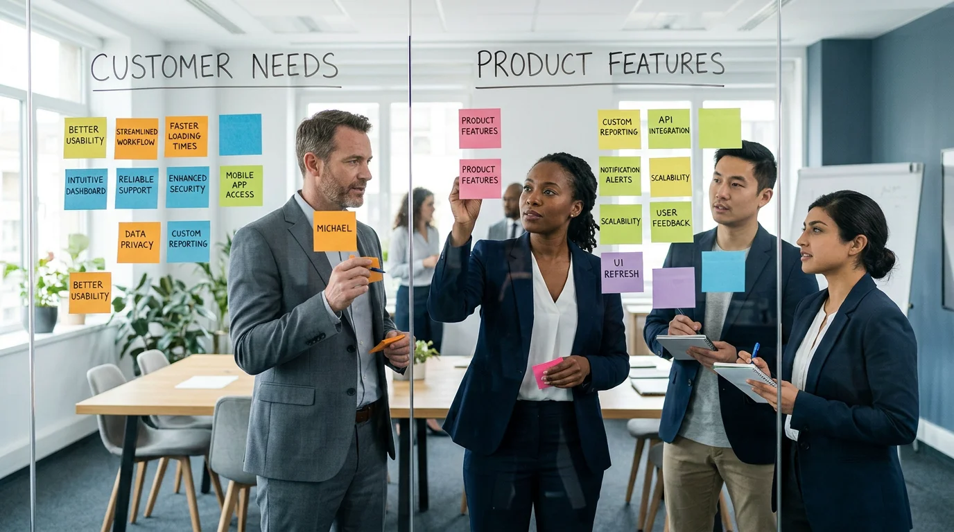 A business team aligning customer needs with product features on a glass wall