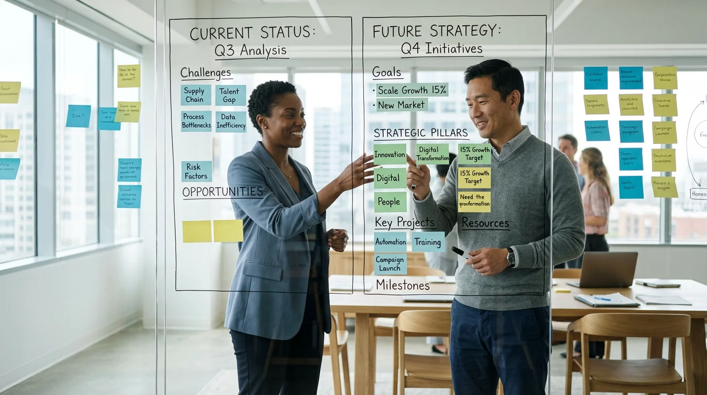 Two professionals mapping customer needs against an offering on a glass wall