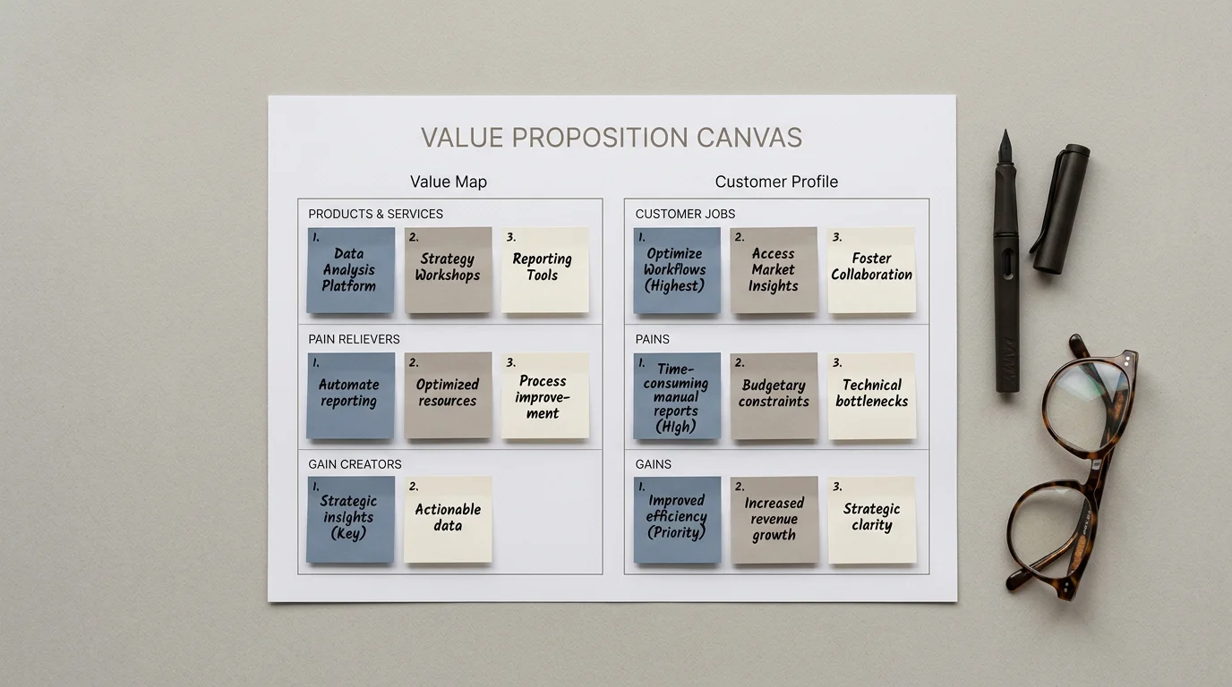 Overhead view of a value proposition canvas with ranked sticky notes on a professional desk