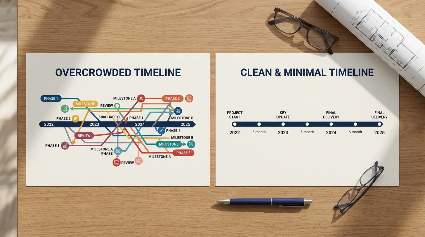 Comparison of a cluttered timeline slide next to a clean minimal one