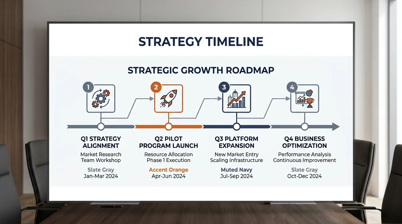 Clean horizontal strategy timeline slide with four milestones on one axis