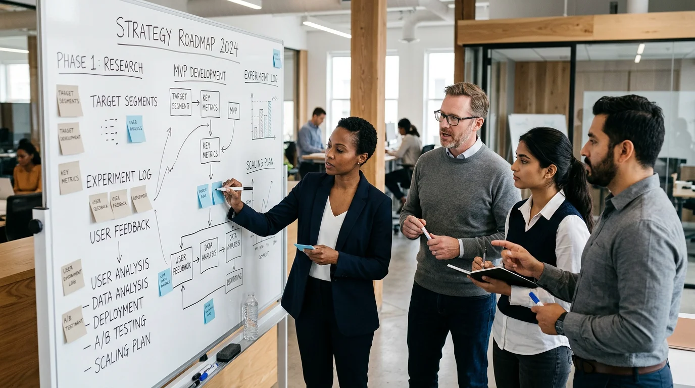A professional team collaborating on strategy experiments around a whiteboard