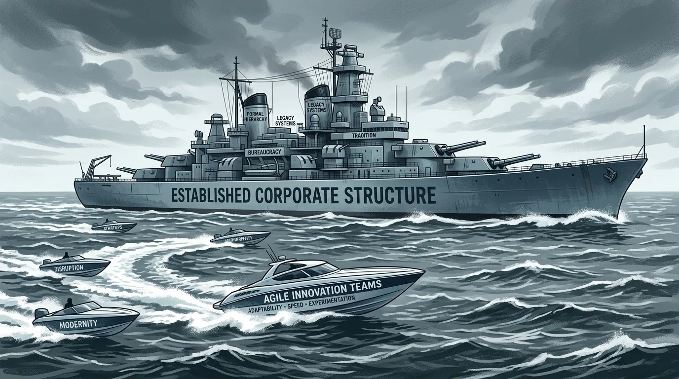 A battleship beside speedboats symbolizing large firms and agile innovation teams