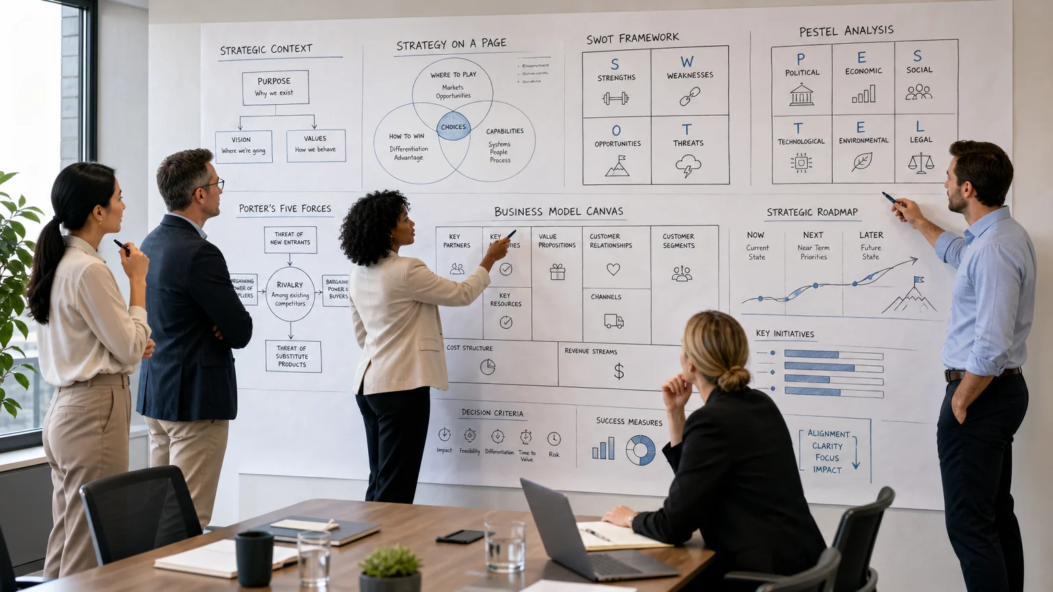 Executives aligning around a large visual strategy canvas during a planning session