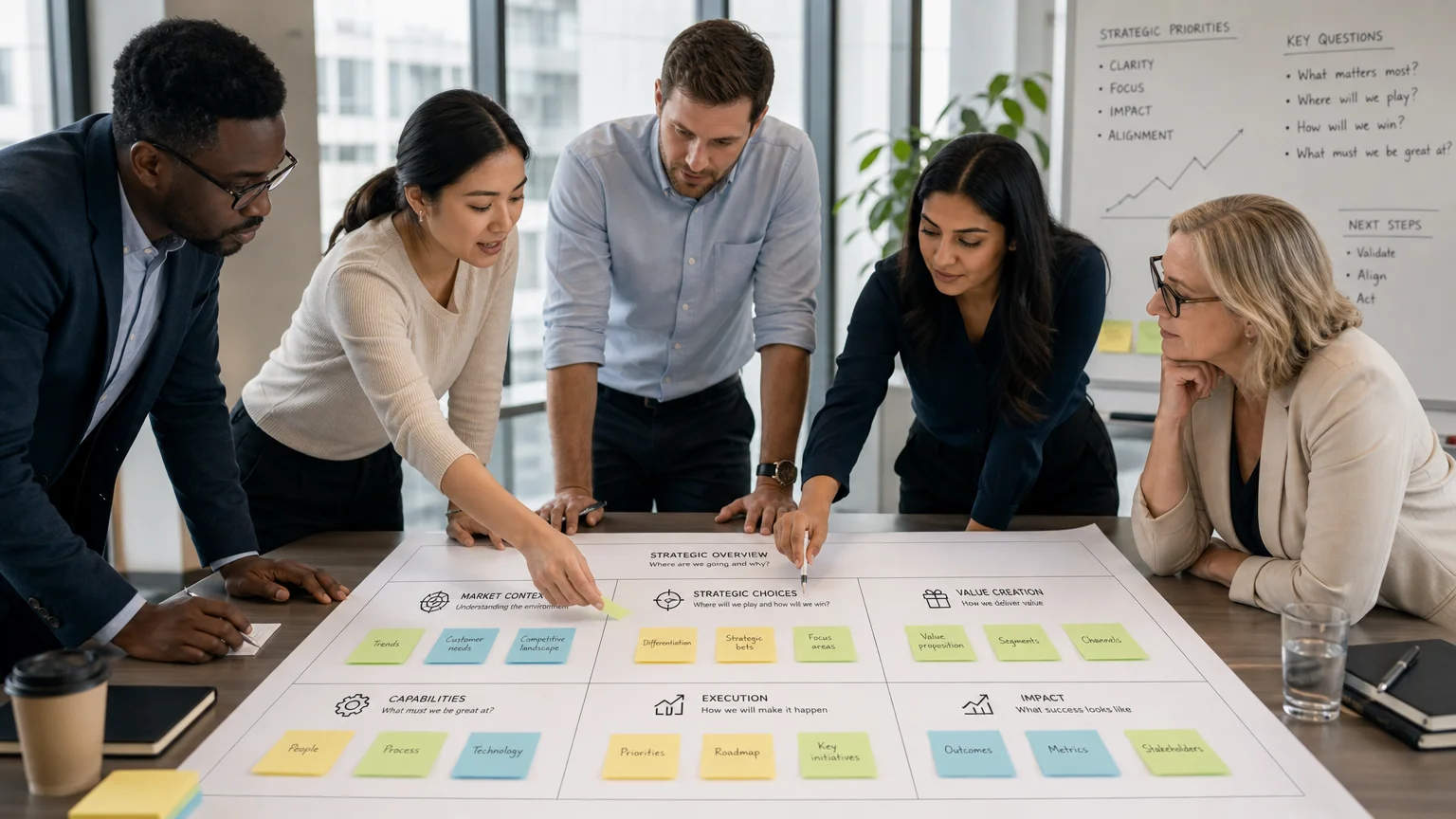 Team collaborating on a business model canvas with sticky notes