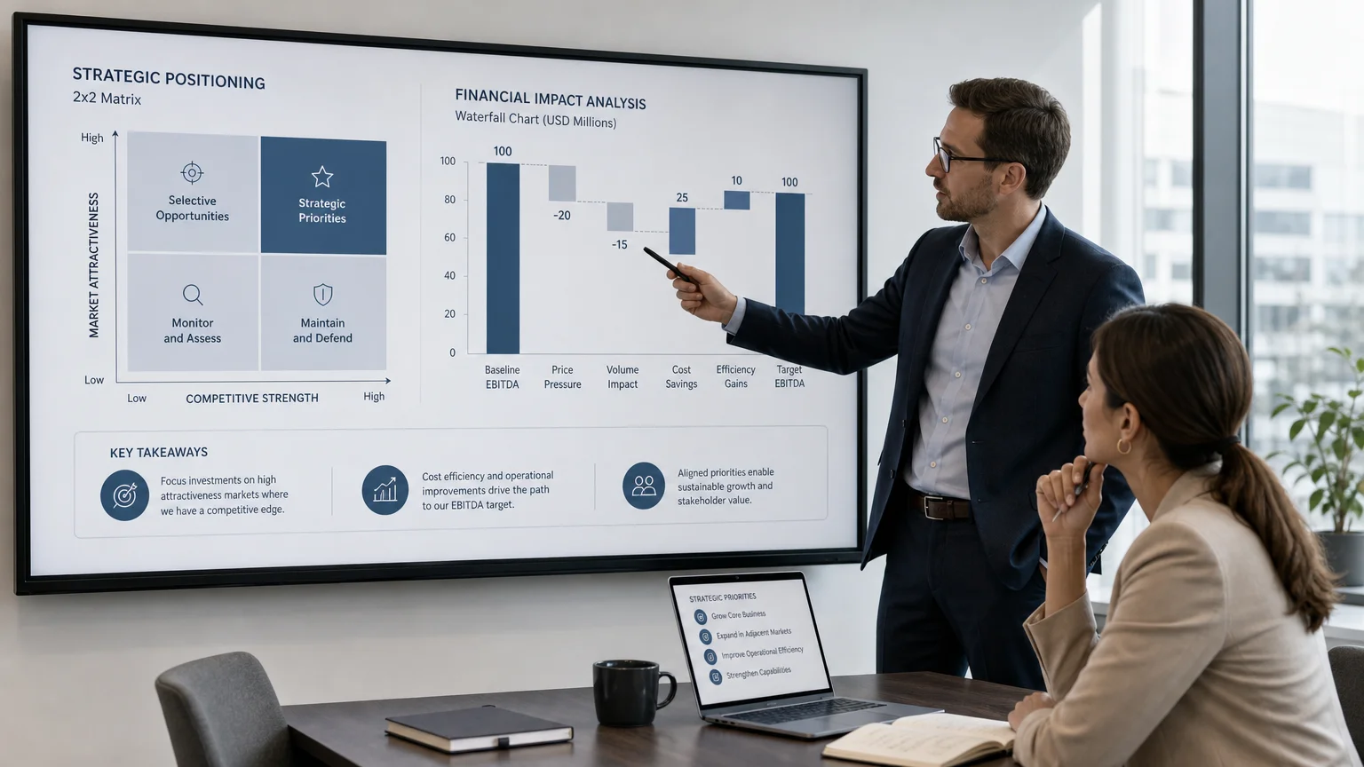Two colleagues reviewing consulting-style strategy charts on a screen