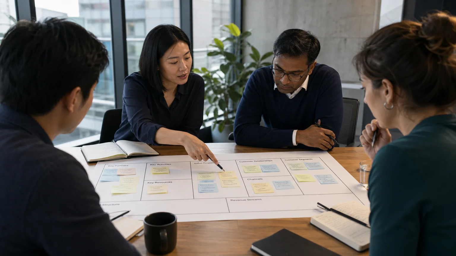 Business team reviewing customer needs and value proposition on a canvas