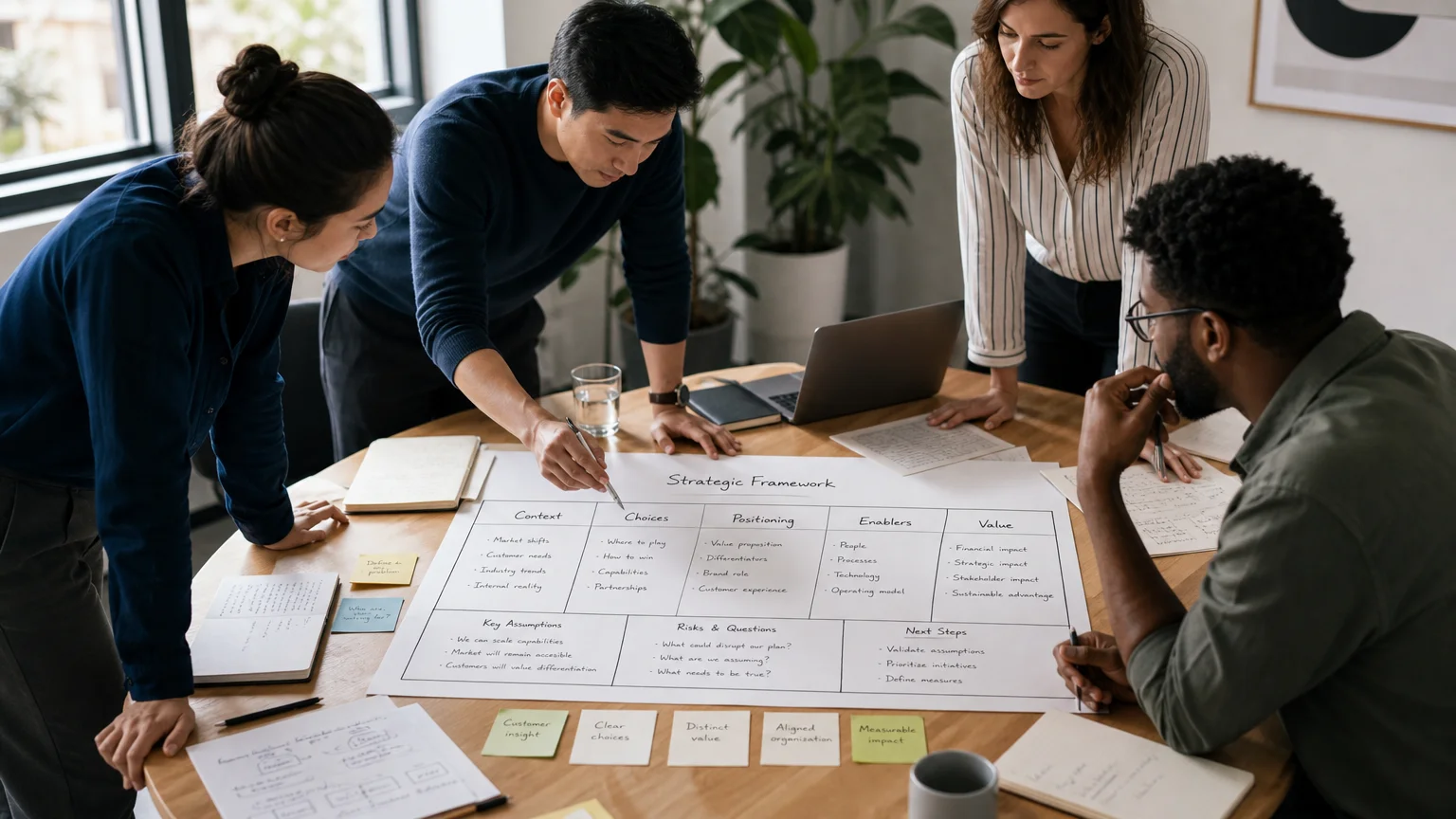 Team reviewing a business framework model during a strategy workshop
