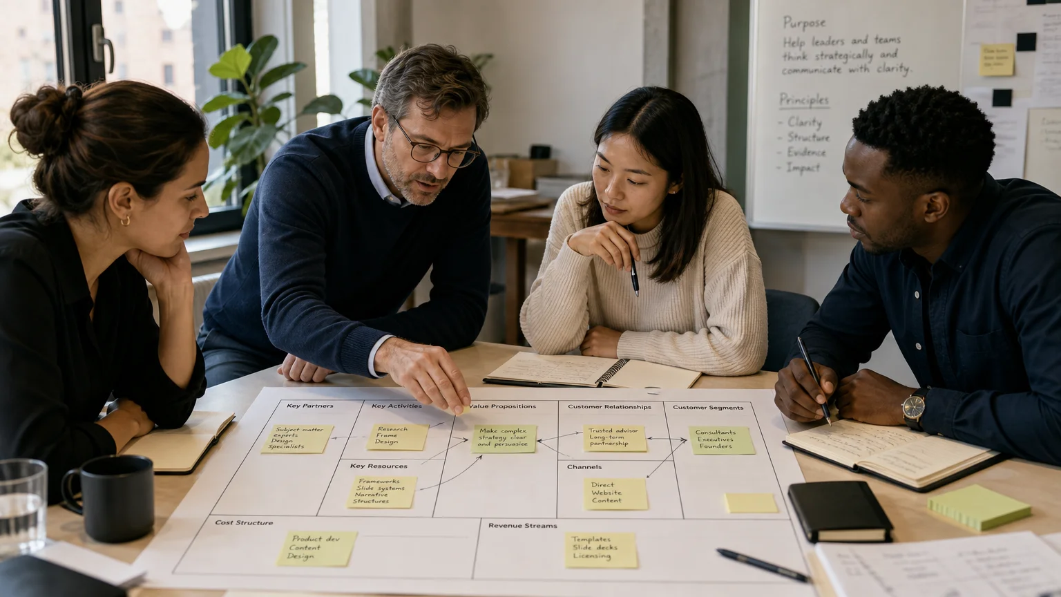 Professionals connecting ideas on a business model canvas during a strategy workshop