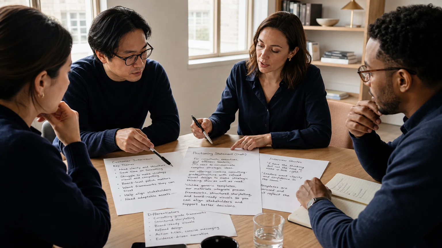 Business professionals reviewing customer evidence for a value proposition