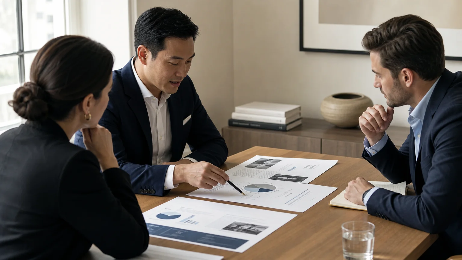 Business professionals reviewing a strategic presentation before a decision meeting