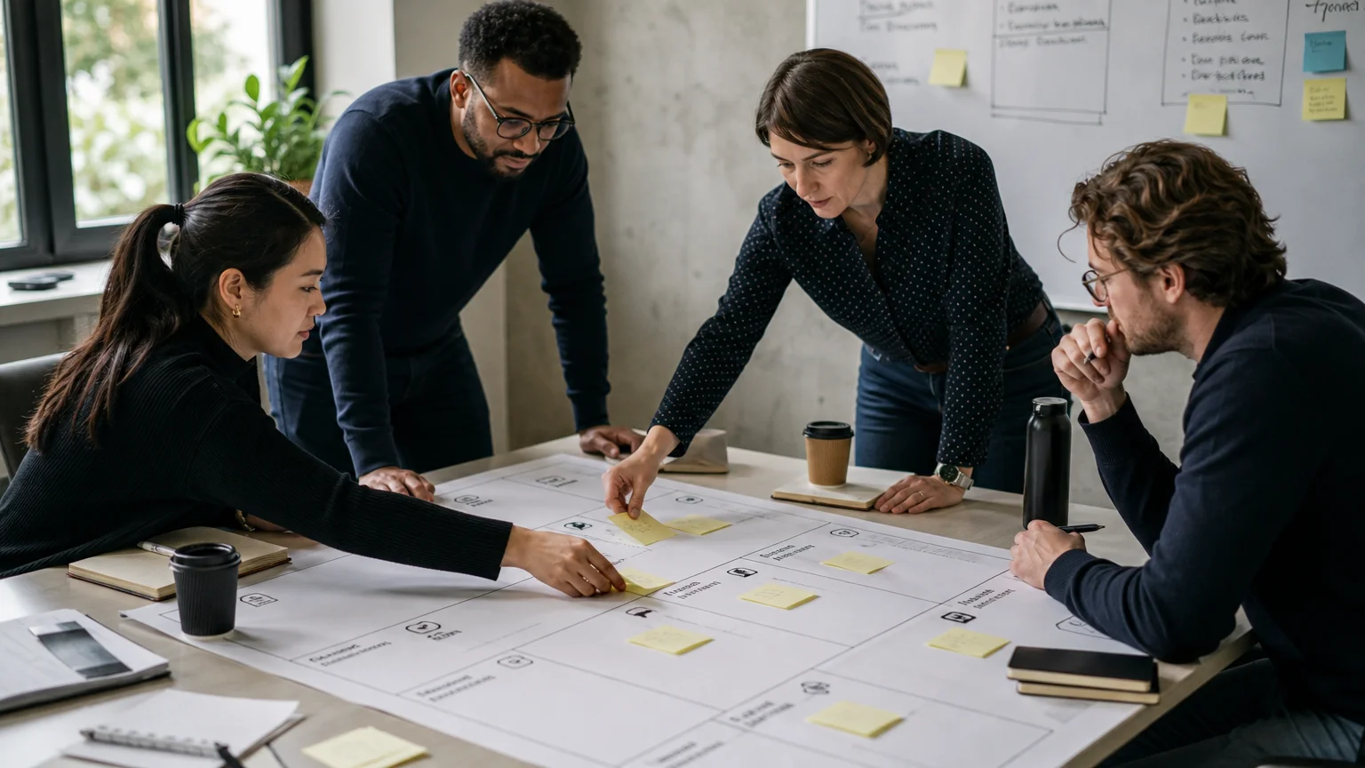 Team workshop using a printed business model canvas PDF