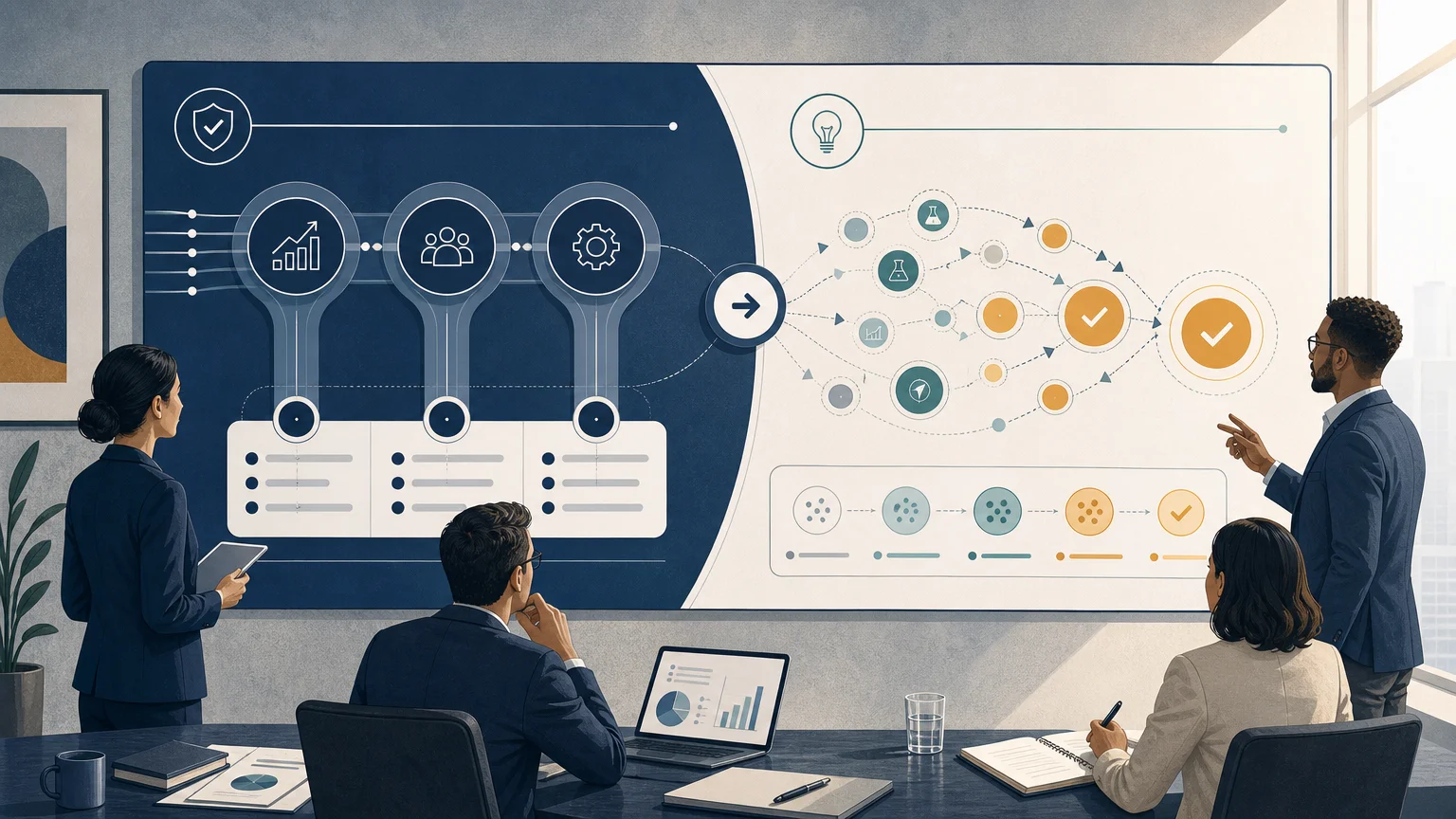 Editorial illustration of a business model portfolio balancing established and emerging business models