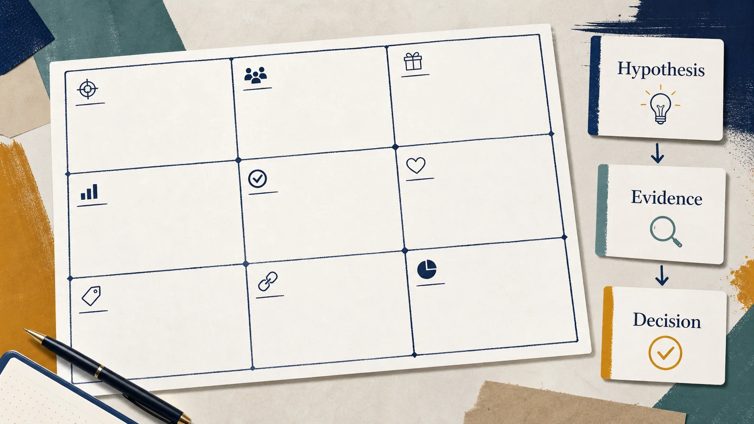 Editorial illustration showing business model assumptions becoming evidence and decisions