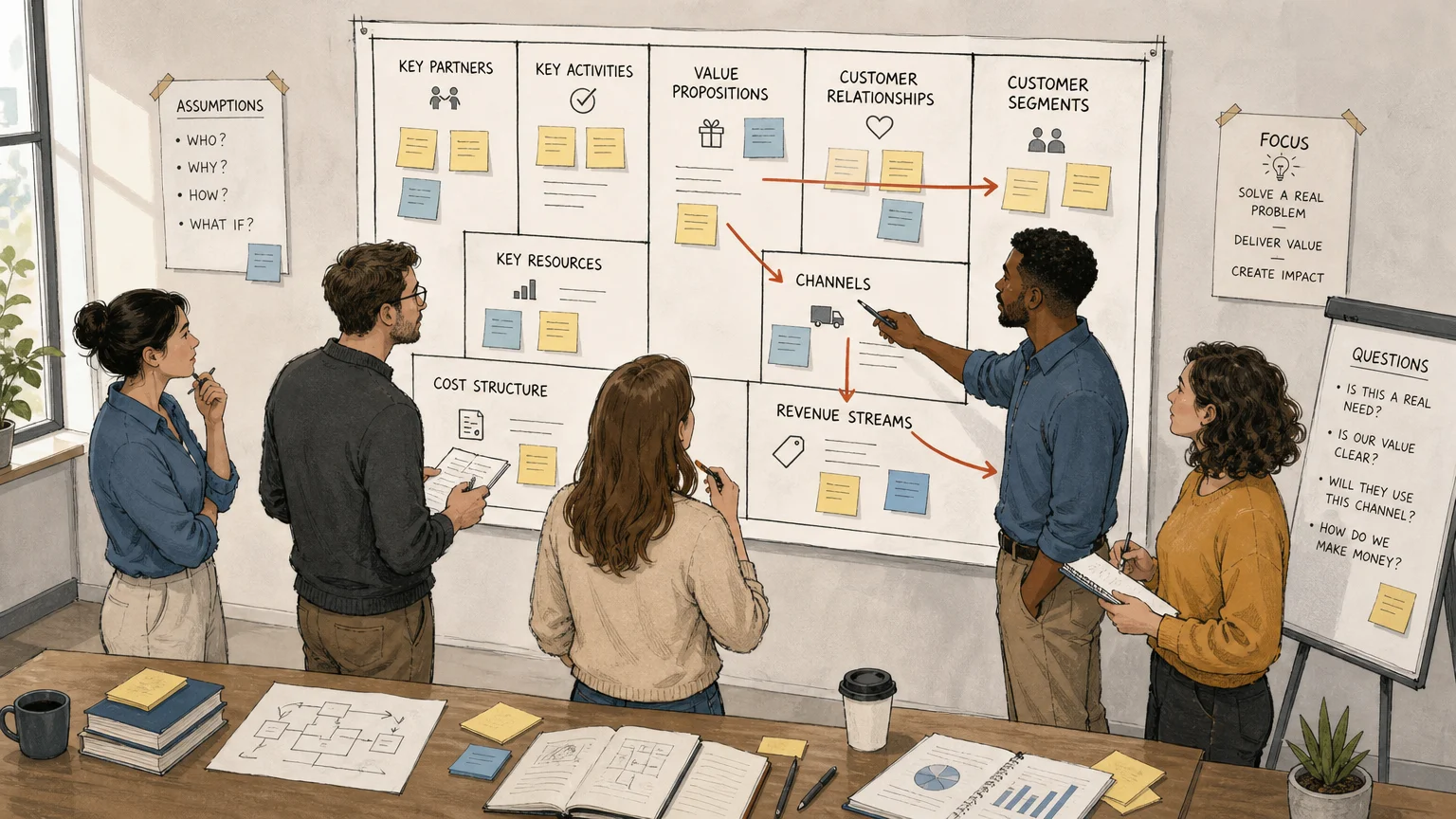 Team workshop using a visual business model canvas to question strategic assumptions