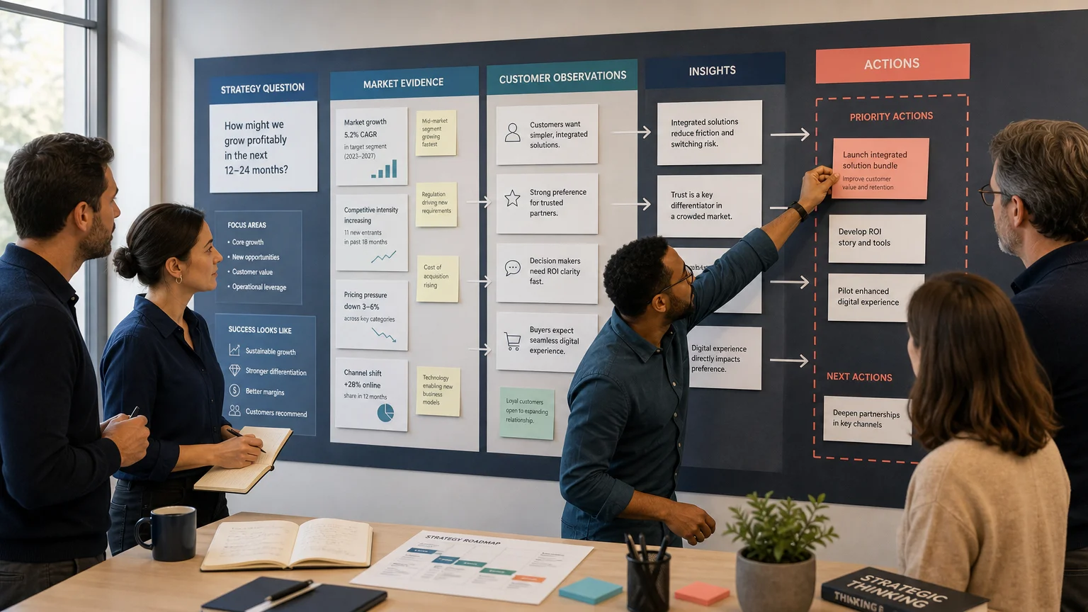 Business team moving strategic analysis toward clear action