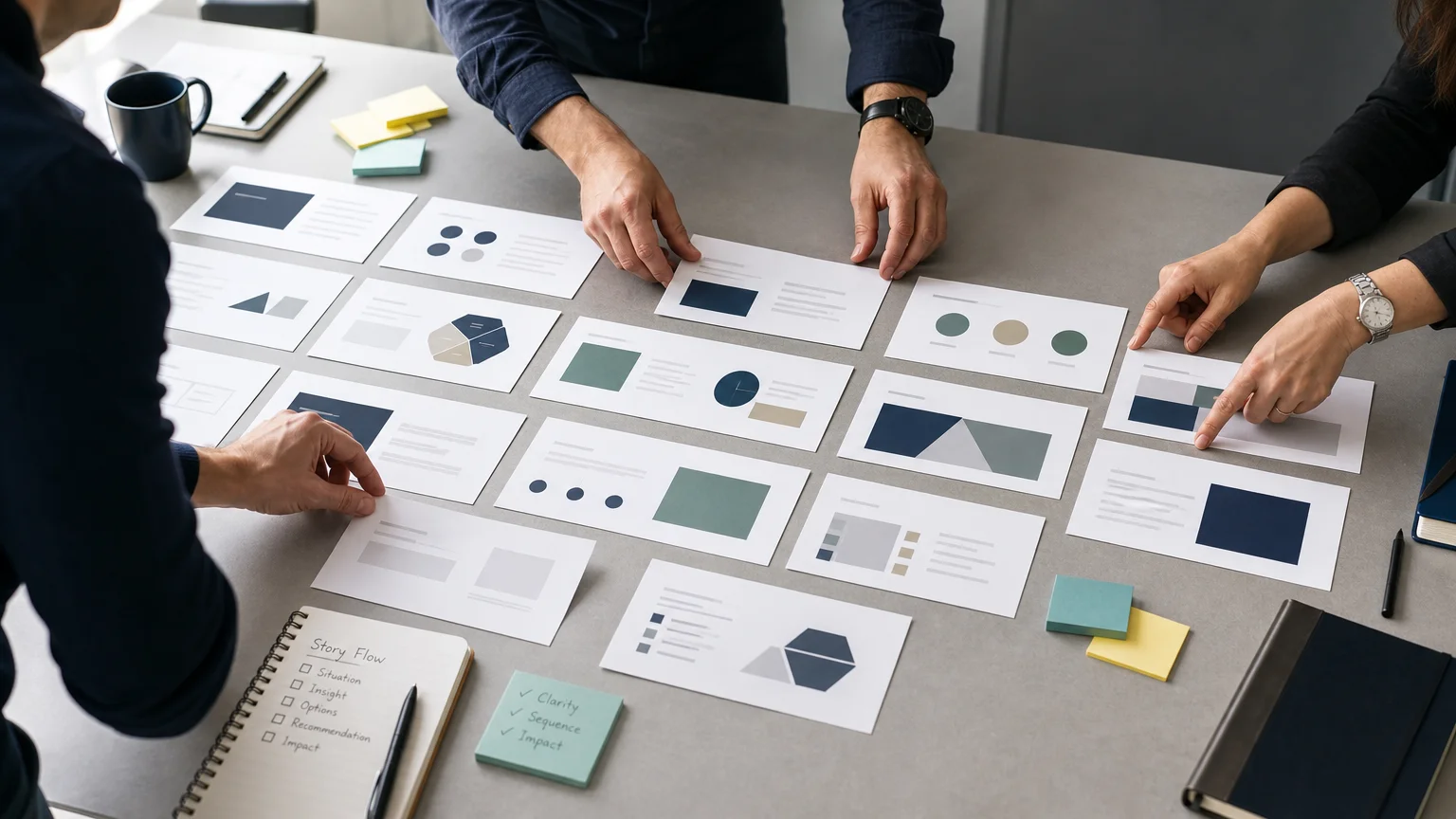 Hands arranging printed presentation pages into a clear consulting storyline