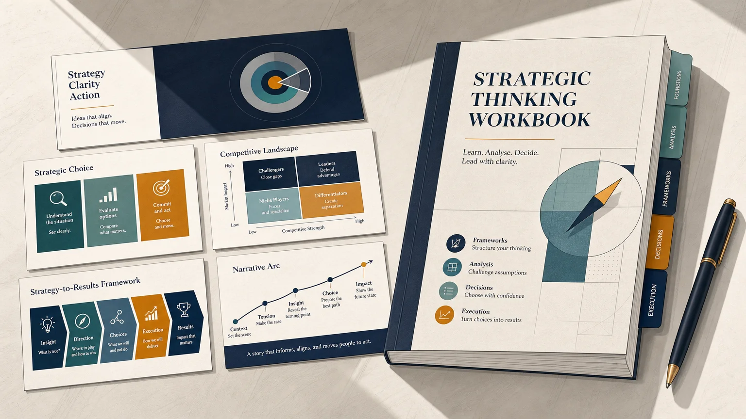 Printed strategy slides arranged beside a consulting workbook