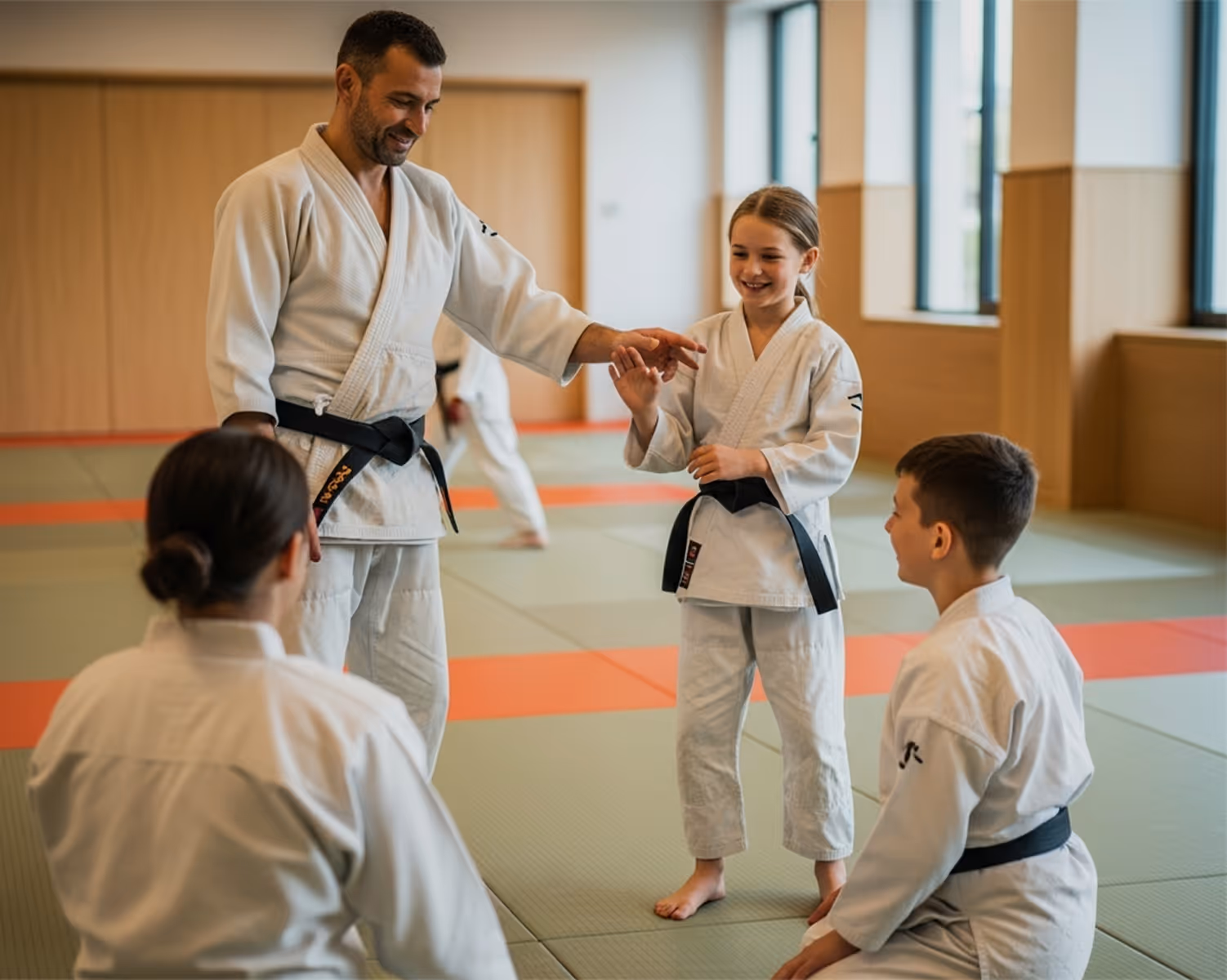 Martial arts instructor shows technique to smiling kids in white gi and black belts on dojo mats.