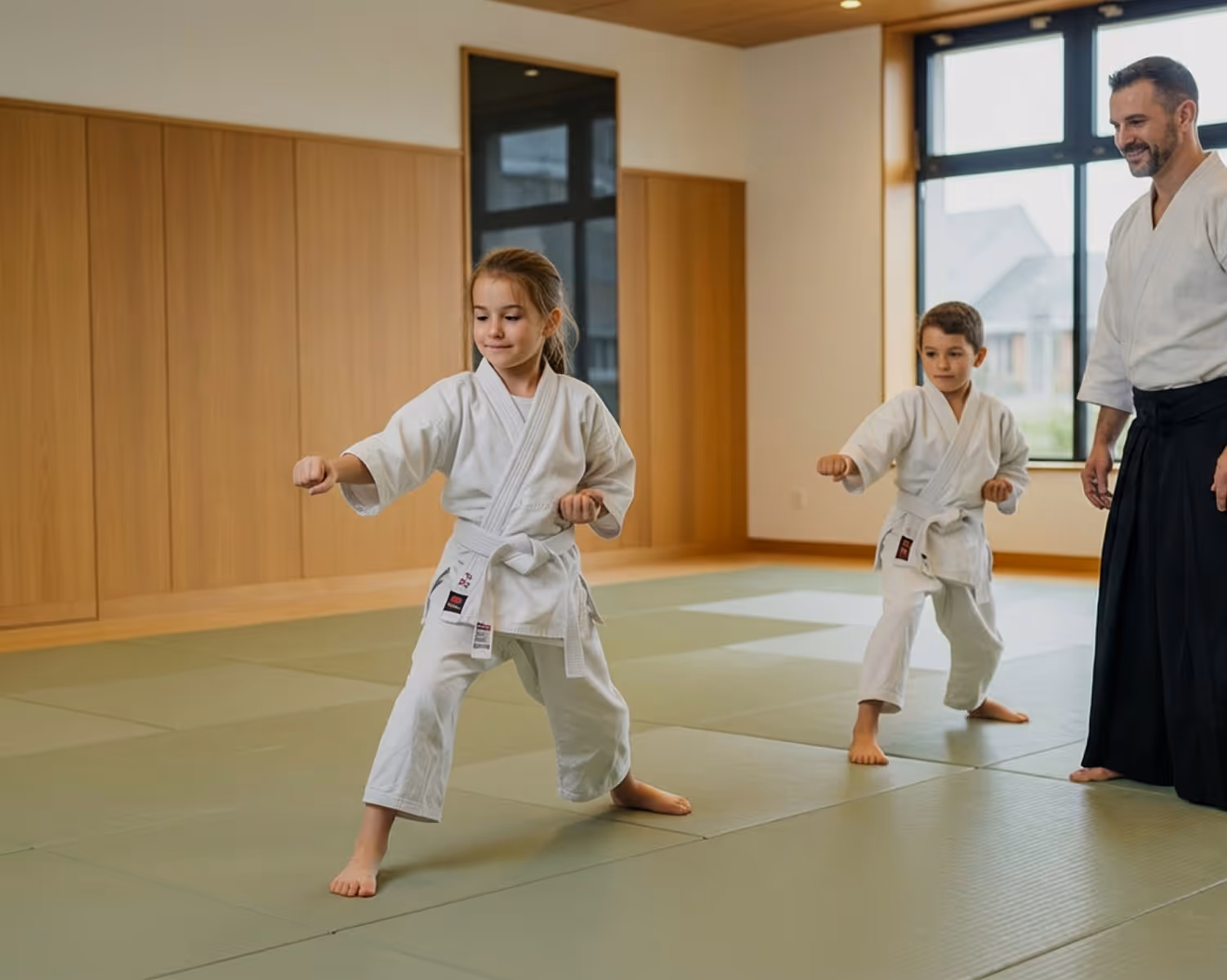 Two children practicing karate moves on mats with an instructor watching in a dojo.