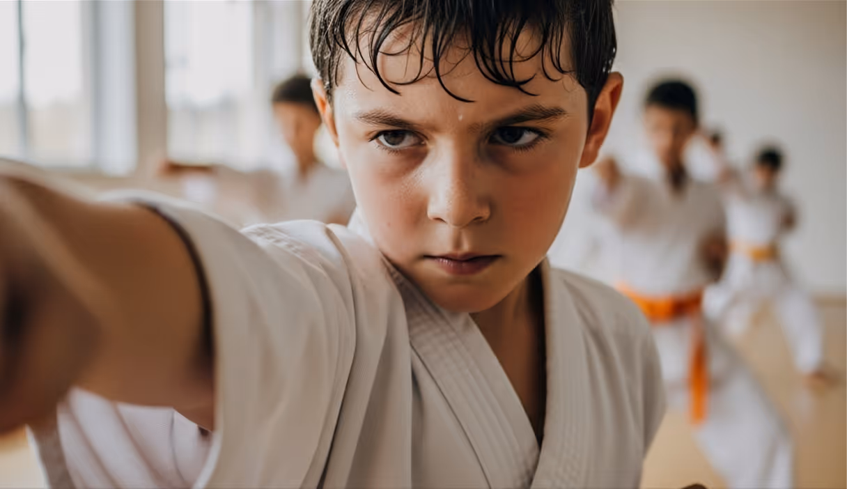Focused boy in a white karate gi practicing a punch with others blurred in the background.