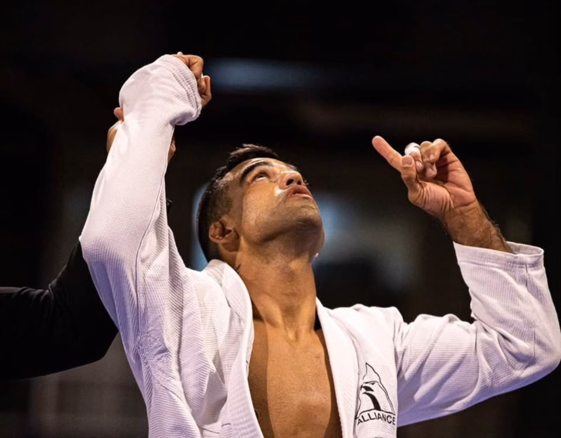 Martial artist in a white gi with the Alliance logo looks up, fists raised in victory.