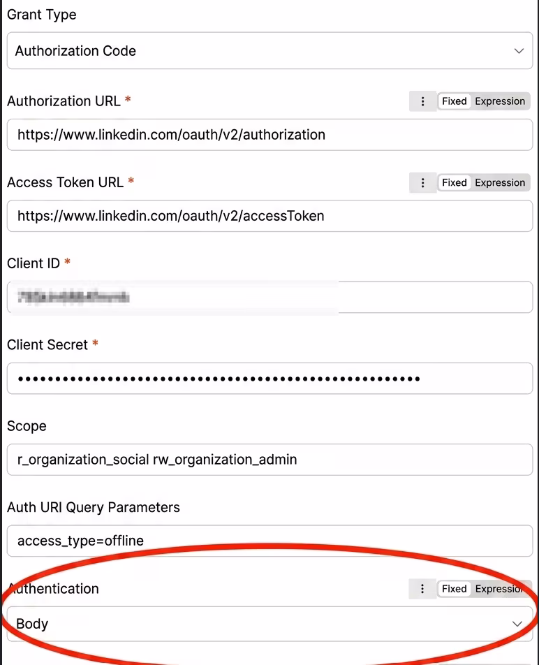 OAuth2 configuration screen with LinkedIn authorization and access token URLs, client ID, secret, scope, and auth query parameters.