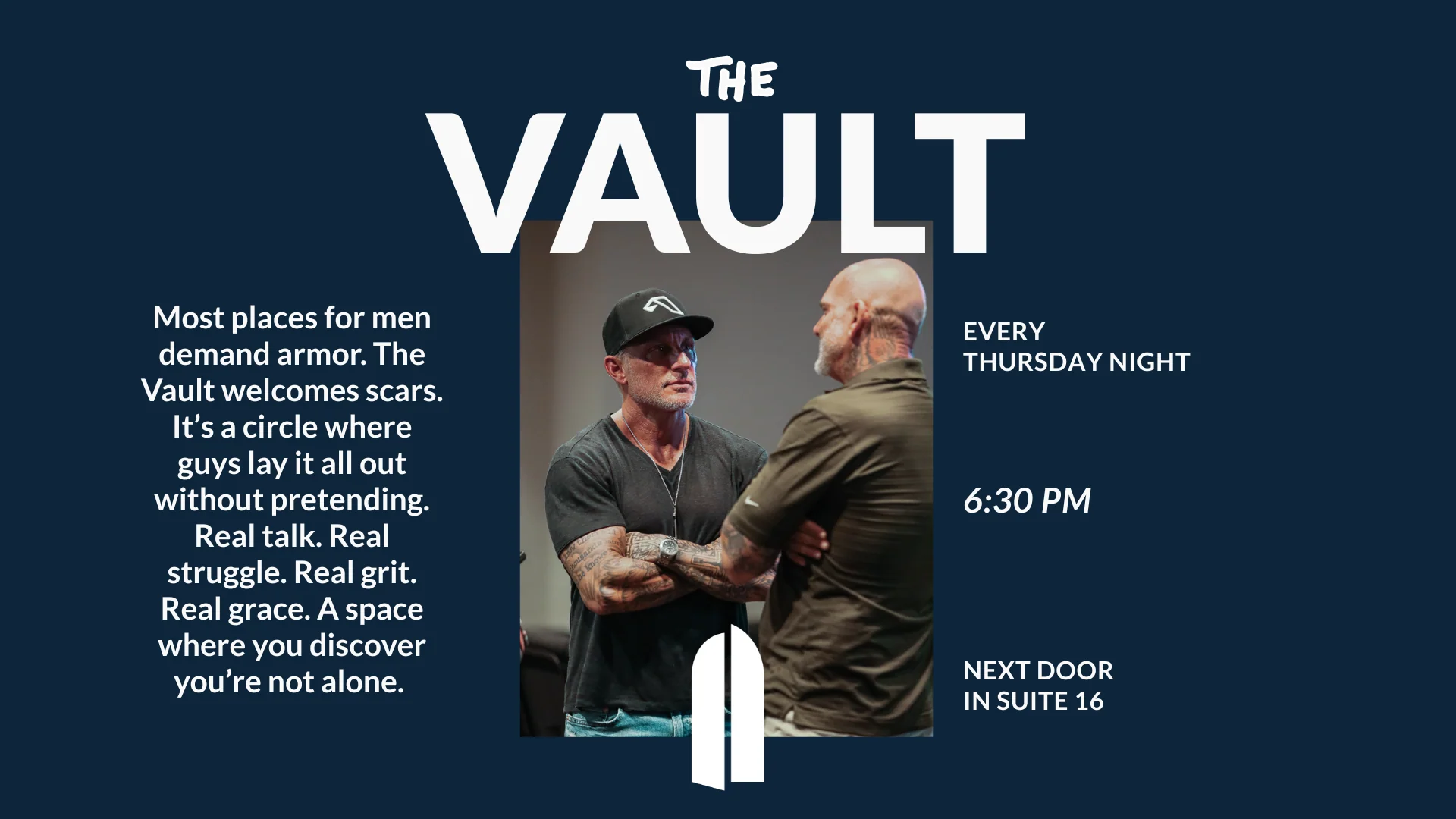 Wide promotional graphic for The Vault men's support group at The Sanctuary.