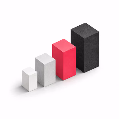 Four ascending rectangular blocks in a row on a white background, colored white, light gray, red, and black from left to right.