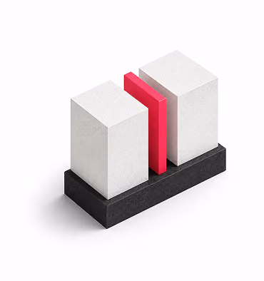 Three rectangular blocks standing upright on a black rectangular base, with two large white blocks on the outer sides and a smaller red block in the middle gap.