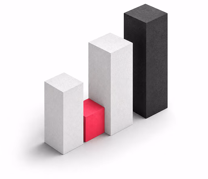 3D bar chart with four vertical rectangular blocks of varying heights in white, red, and black colors, arranged left to right from shortest to tallest.
