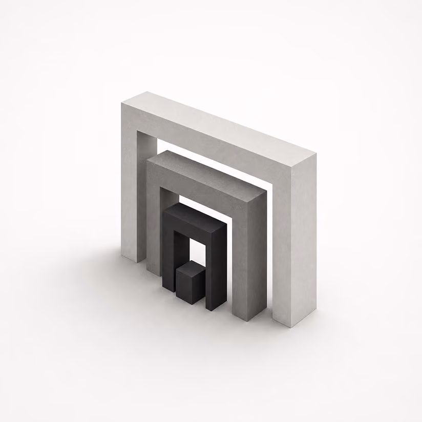 Three nested rectangular archways in ascending size from black to light gray on a white background.