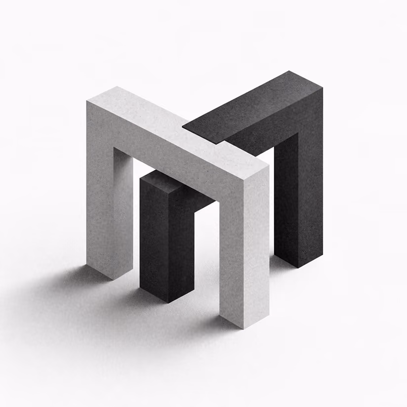 An optical illusion of two interconnected three-dimensional rectangular frames, one light gray and one dark gray, casting soft shadows on a white background.