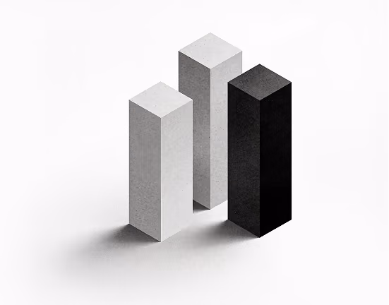 Three vertical rectangular prisms standing on a white surface casting shadows, with two light gray prisms on the left and a taller black prism on the right.