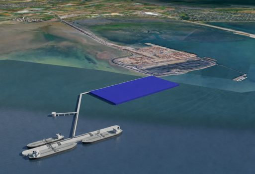 Aerial view of a coastal area with two docked ships connected to a pier extending to a large blue rectangular floating platform in the water near an industrial land section.