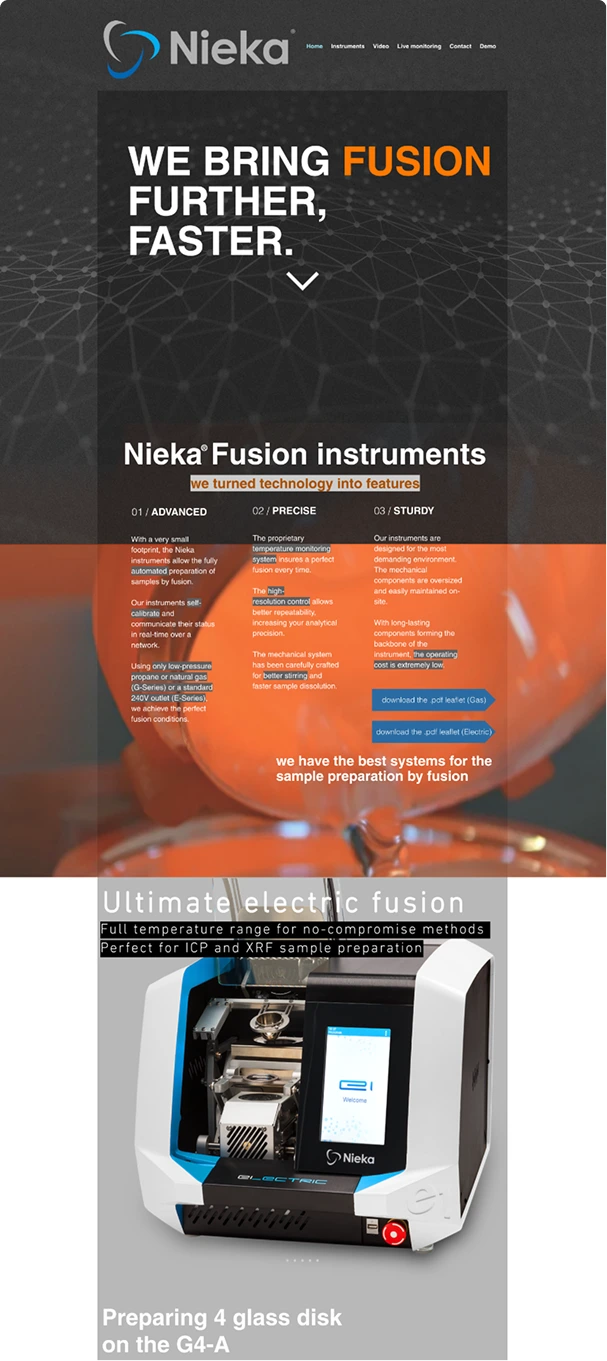 NIEKA website header with tagline, product info, and image of the Electric fusion instrument.