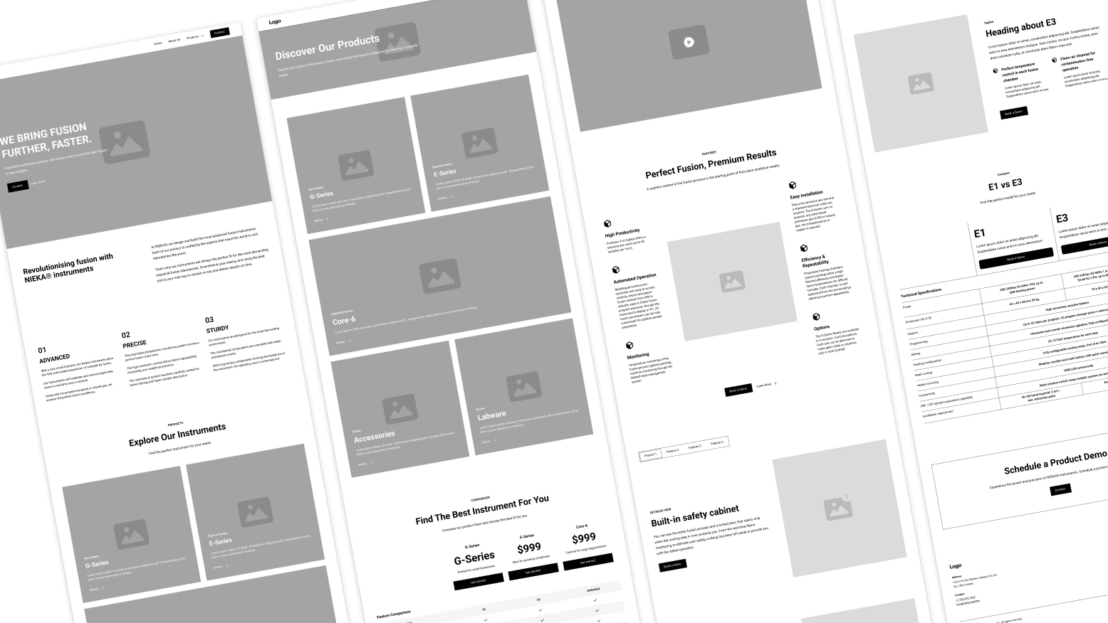 Website wireframes showing product info, features, comparisons, and demo booking for fusion instruments.