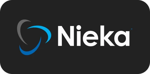 Nieka logo with stylized swoosh shapes in gray and blue on a black background.