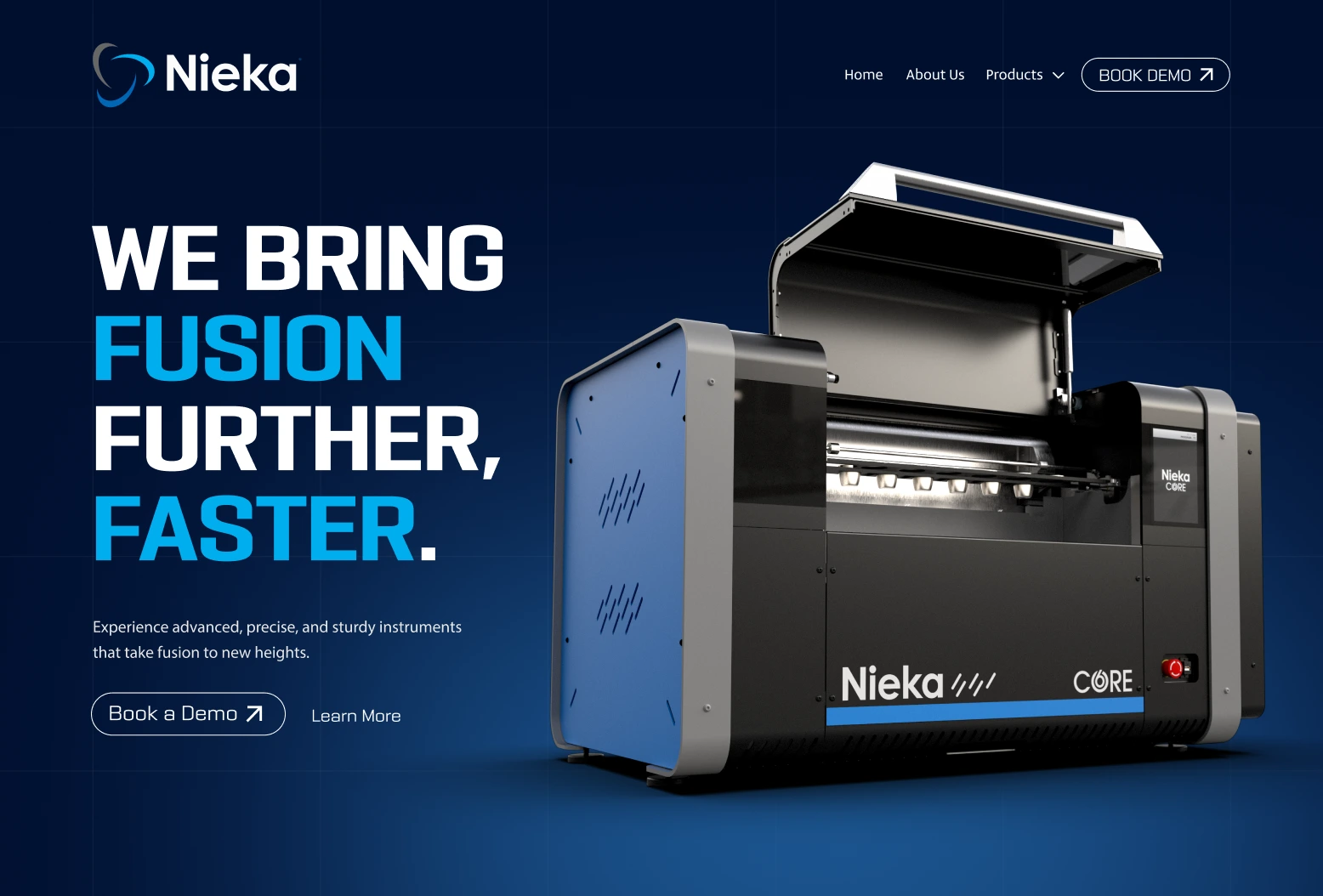 Black and blue high-tech machine labeled Nieka CORE on a blue background with text promoting fusion technology.