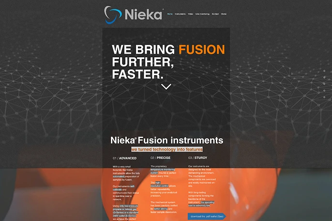 Nieka website homepage with slogan 'We bring fusion further, faster' and product info on Fusion instruments.