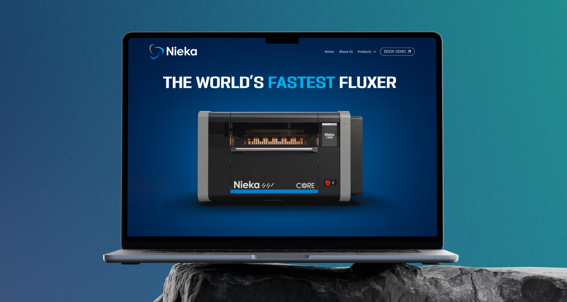 Laptop screen showing Nieka Core machine with text: The world's fastest fluxer.