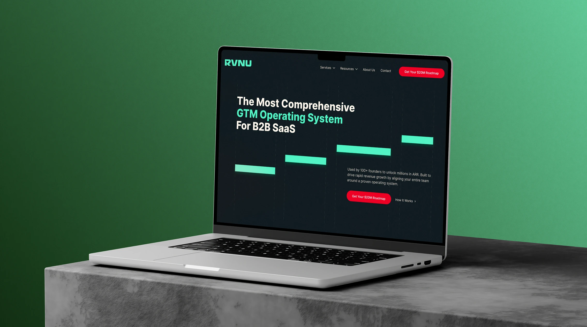 Laptop on concrete surface showing RVNU website with a B2B SaaS GTM operating system description.