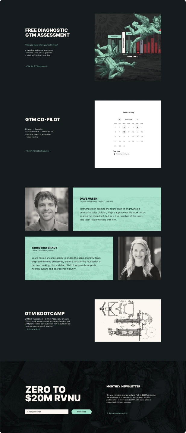 Webpage showing GTM services: free assessment, co-pilot calendar, team bios, bootcamp, and newsletter signup.