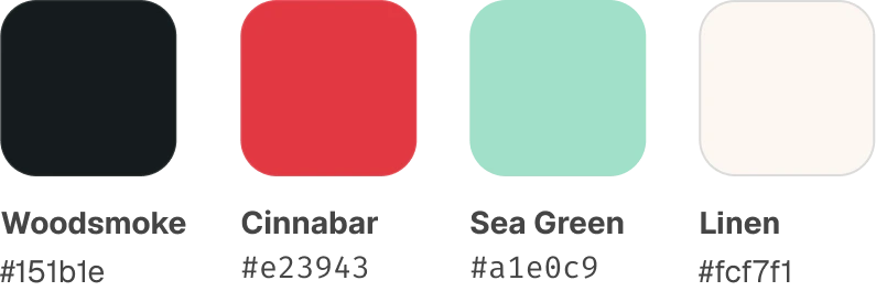 Color palette with four squares: dark gray, bright red, soft teal, and off-white with text labels.