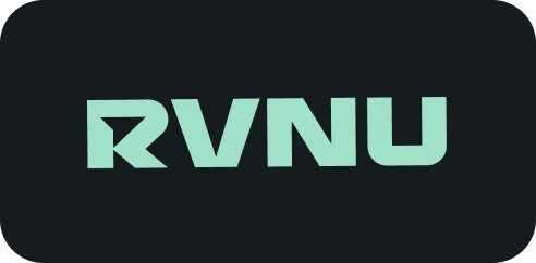 The stylized uppercase letters RVNU in light green on a black background.