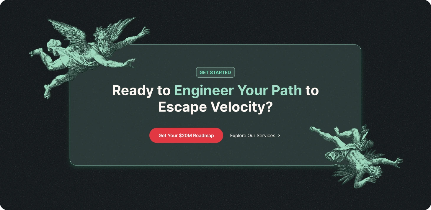 Dark banner with two vintage winged figures and text: Ready to Engineer Your Path to Escape Velocity?