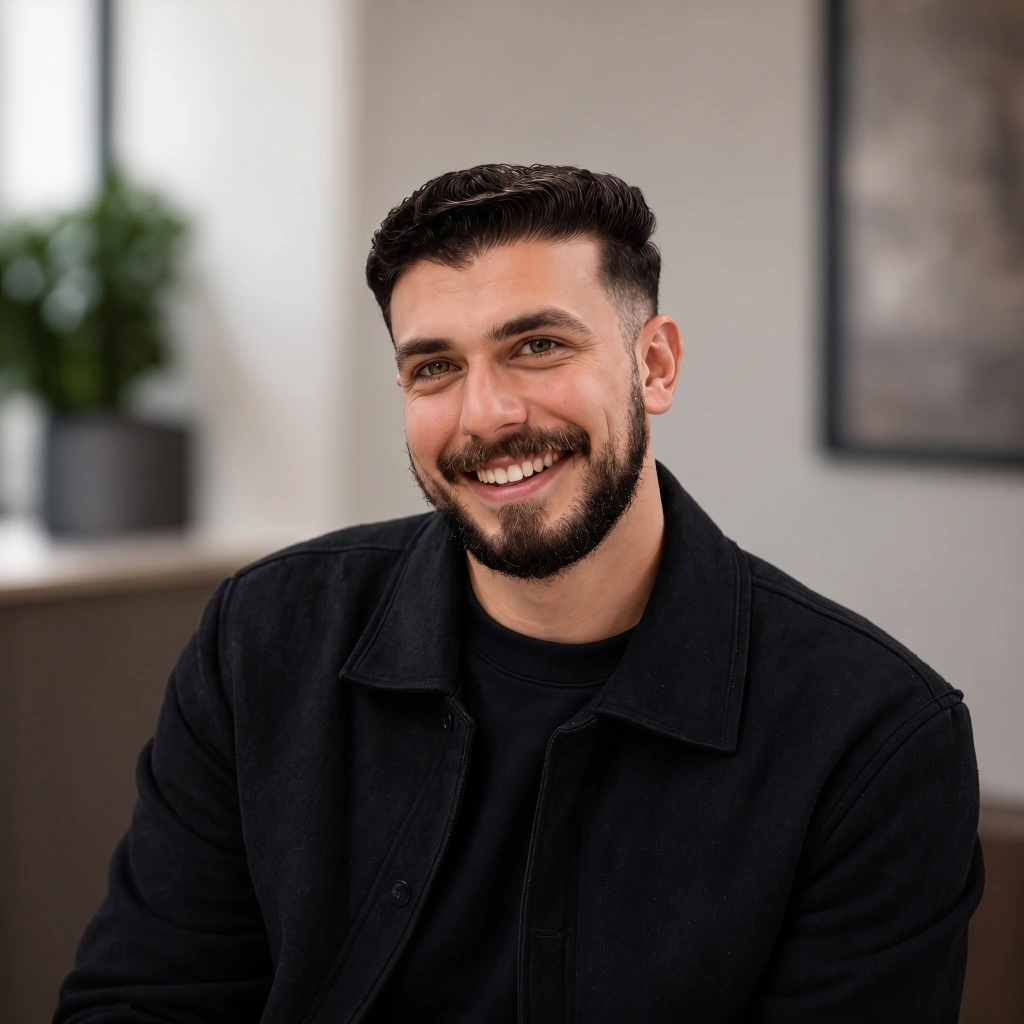 Smiling man with dark hair and beard wearing a black jacket in a softly blurred indoor setting.