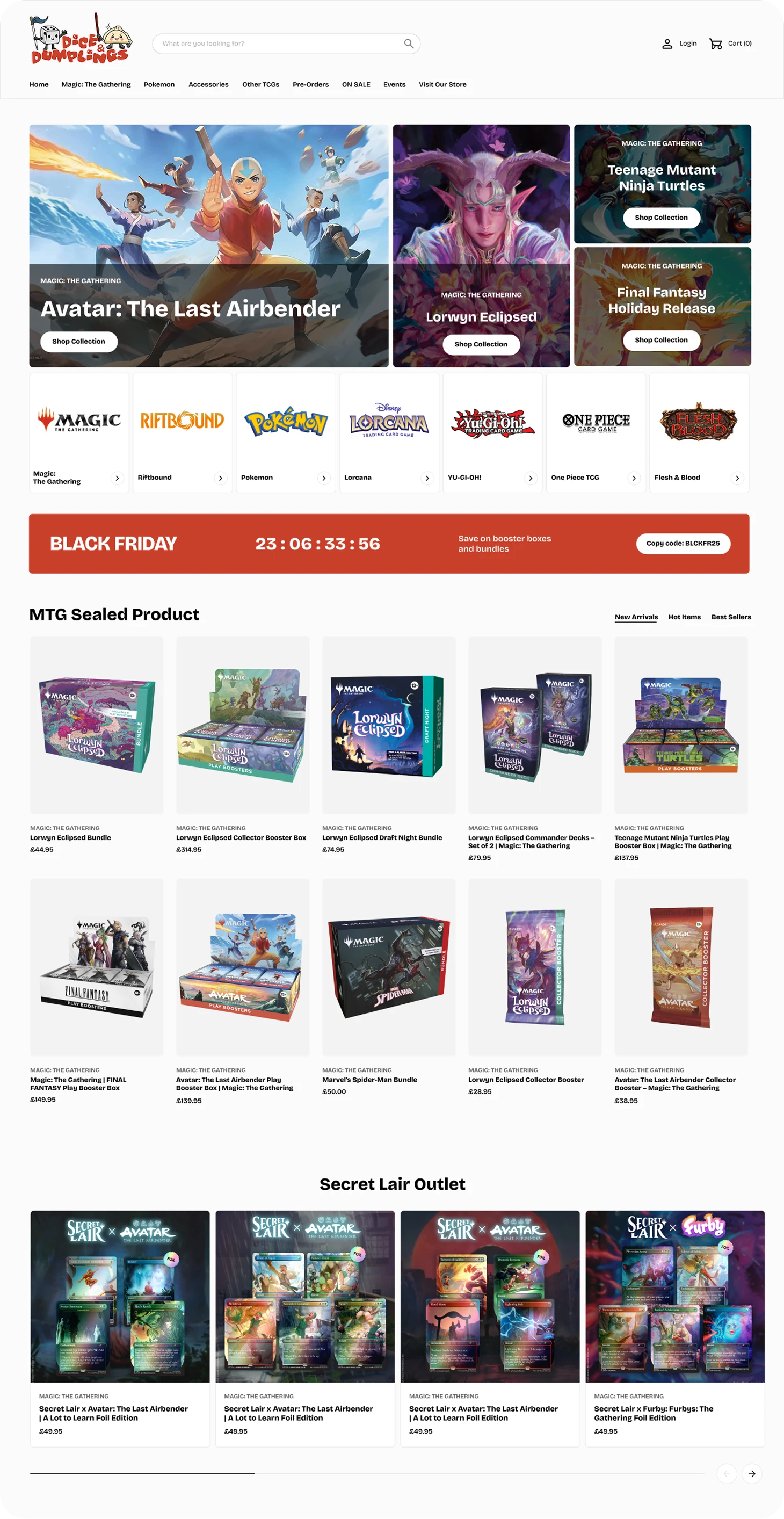 Online store homepage selling Magic: The Gathering, Pokemon, and other card game products with Black Friday sale banner.